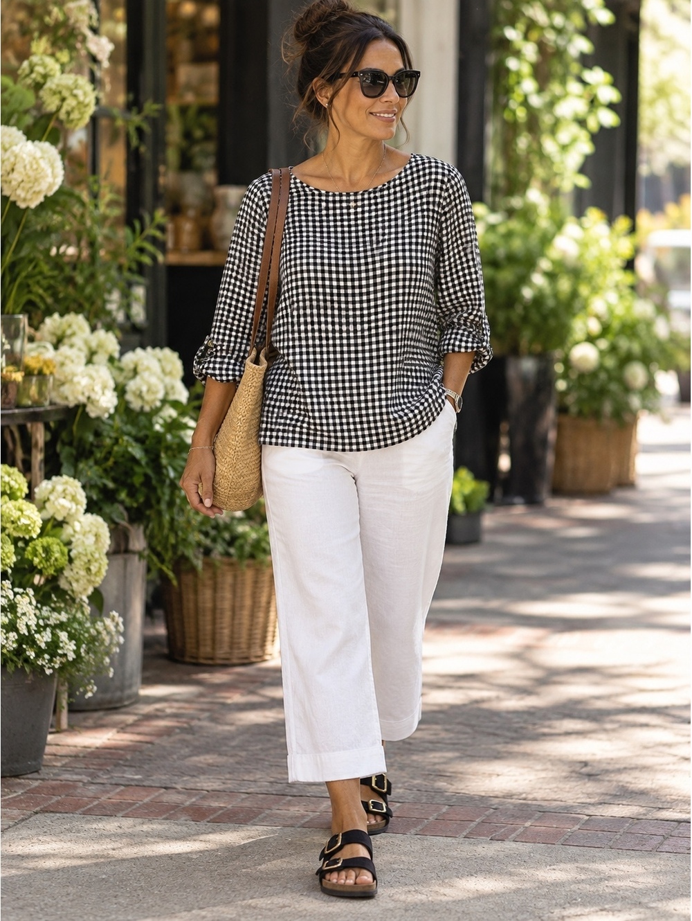 J.Jill Black and White Gingham Blouse Medium